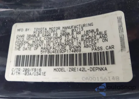 2013 Toyota Corolla Le из США, поврежденный, VIN 5YFBU4EE9DP174069